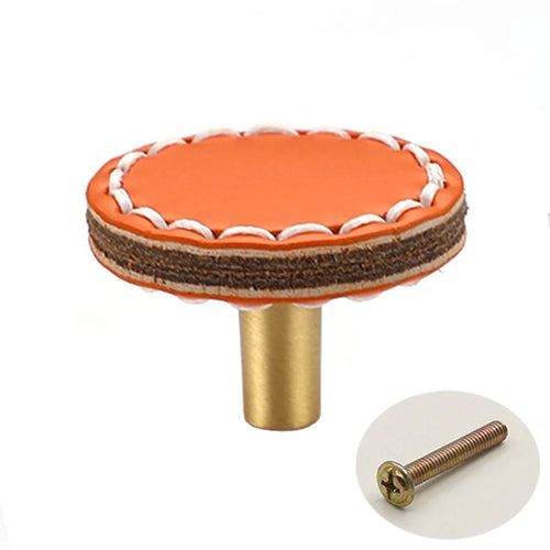 TQ2312 Brass + Leather Round Door Knob Cupboard Wardrobe Furniture Pull Handle, Screw Size: 4*25mm - Orange - 1