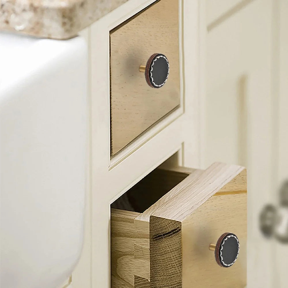 TQ2312 Brass + Leather Round Door Knob Cupboard Wardrobe Furniture Pull Handle, Screw Size: 4*25mm - Orange - 4
