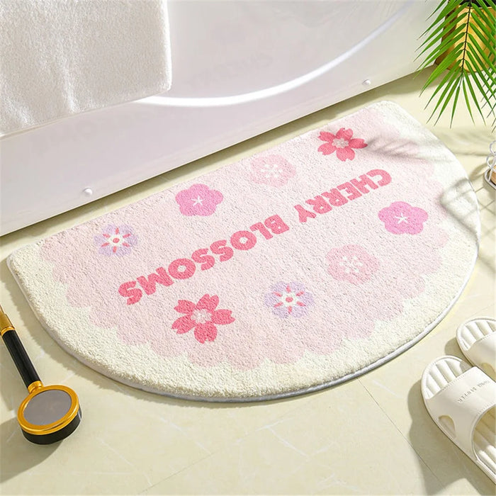 50*80cm Water Absorbent Bath Mat Furry Bathroom Rug Semicircle Floor Carpet - Cherry Blossom / Pink - 2