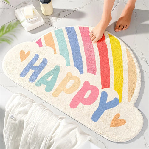 40*60cm Bathroom Door Mat Non-slip Furry Floor Carpet Absorbent Bath Mat - Happy Rainbow - 1