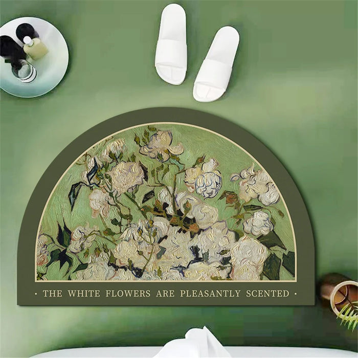 J-26 40x60cm Nordic Bath Mat Quick Drying Diatomud Bathroom Rug Non-Slip Foot Pad - Semicircle+White Peony - 1