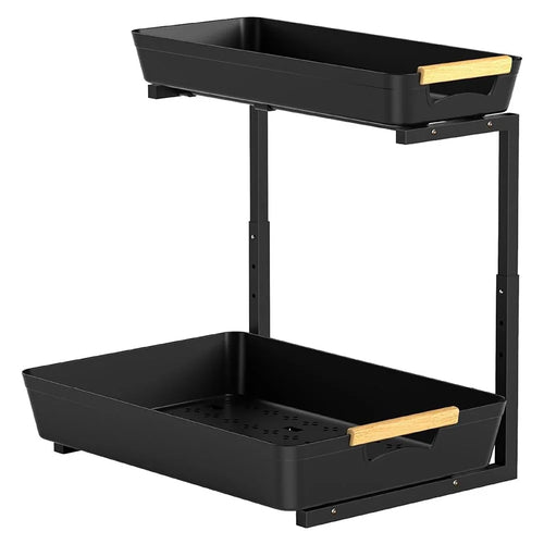 Dual Layer L-Shape Pull-Out ABS Storage Rack Height Adjustable Kitchen Countertop Under Sink Organizer - 1
