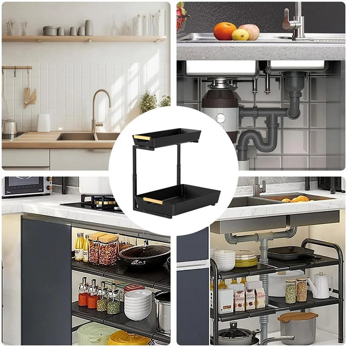 Dual Layer L-Shape Pull-Out ABS Storage Rack Height Adjustable Kitchen Countertop Under Sink Organizer - 3