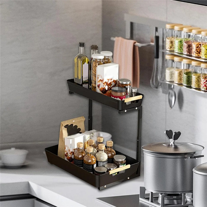 Dual Layer L-Shape Pull-Out ABS Storage Rack Height Adjustable Kitchen Countertop Under Sink Organizer - 4