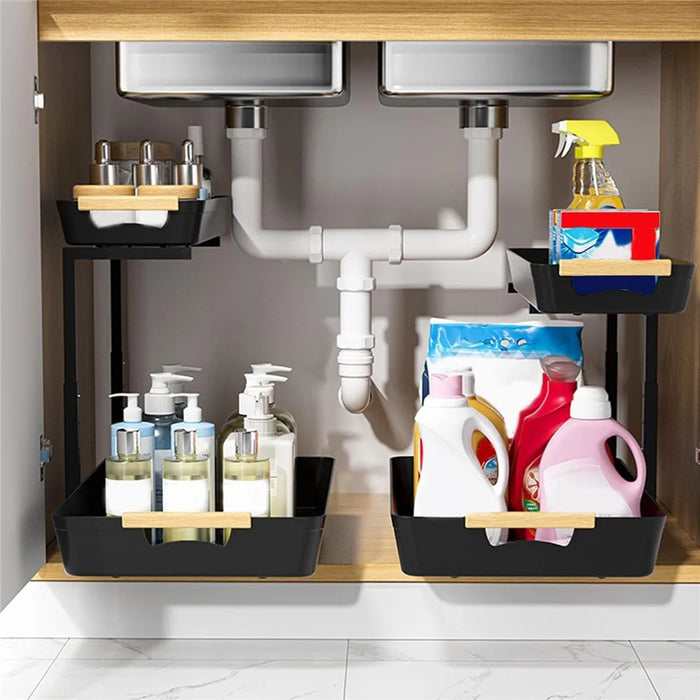 Dual Layer L-Shape Pull-Out ABS Storage Rack Height Adjustable Kitchen Countertop Under Sink Organizer - 5