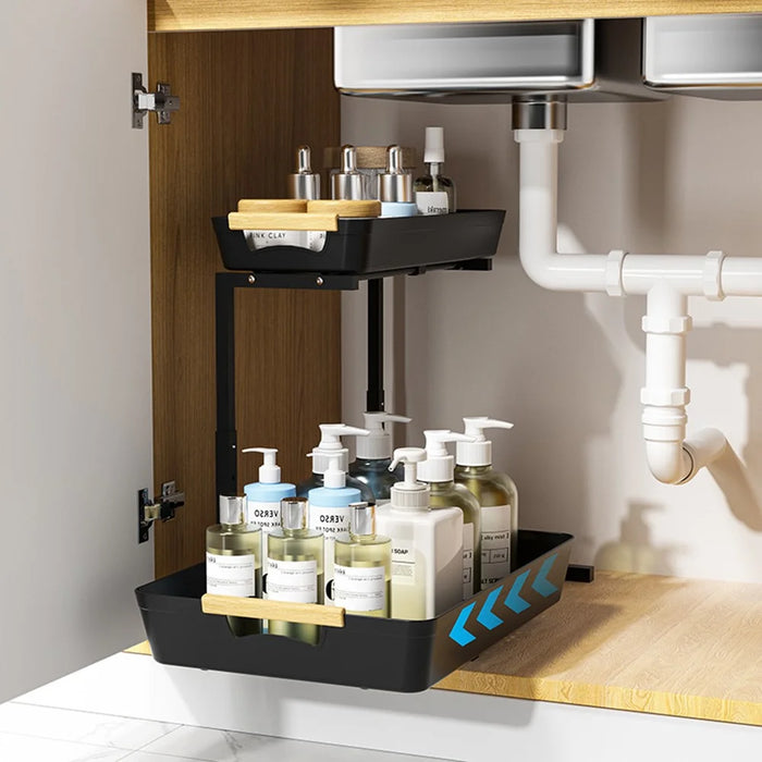 Dual Layer L-Shape Pull-Out ABS Storage Rack Height Adjustable Kitchen Countertop Under Sink Organizer - 6