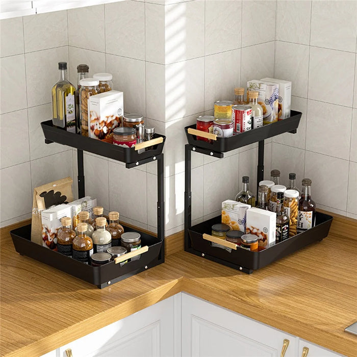 Dual Layer L-Shape Pull-Out ABS Storage Rack Height Adjustable Kitchen Countertop Under Sink Organizer - 7