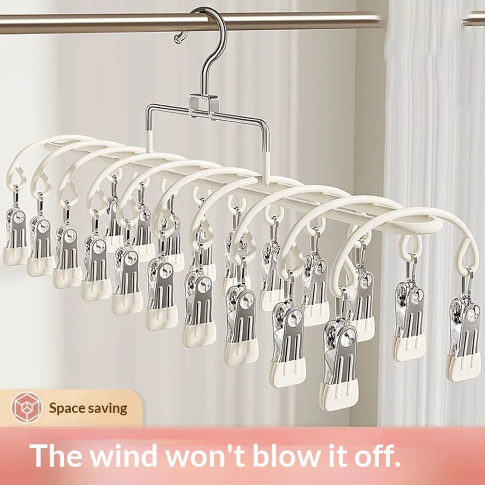 20 Clips Sock Drying Rack Stainless Steel Windproof Multi-clip Laundry Hanger for Dorm - Cream White - 2