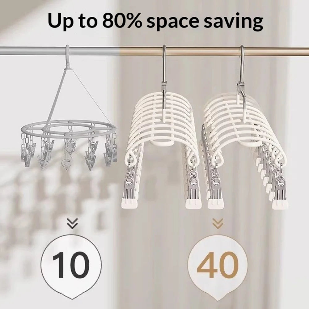 20 Clips Sock Drying Rack Stainless Steel Windproof Multi-clip Laundry Hanger for Dorm - Cream White - 3