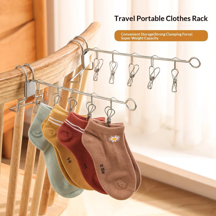 Stainless Steel Foldable Clothes Hanger Portable Travel Laundry Rack with 5 Clips for Hotel Dorm - 3