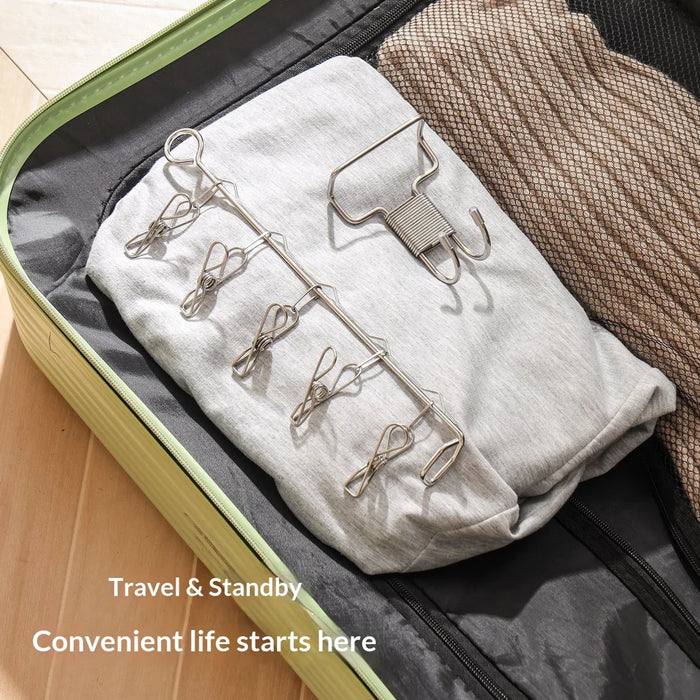 Stainless Steel Foldable Clothes Hanger Portable Travel Laundry Rack with 5 Clips for Hotel Dorm - 4