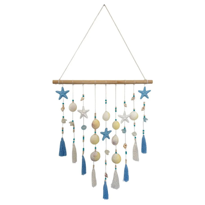 Shell Wall Hanging Tapestry Ocean Beach Boho Decor with Starfish Tassel for Bedroom Living Room - Blue - 2