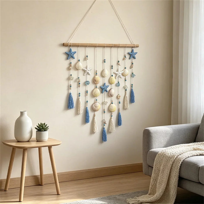 Shell Wall Hanging Tapestry Ocean Beach Boho Decor with Starfish Tassel for Bedroom Living Room - Blue - 4