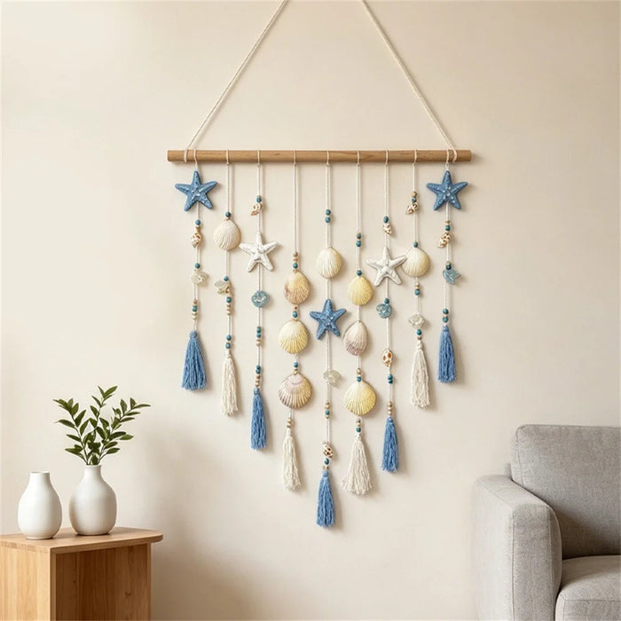 Shell Wall Hanging Tapestry Ocean Beach Boho Decor with Starfish Tassel for Bedroom Living Room - Blue - 5