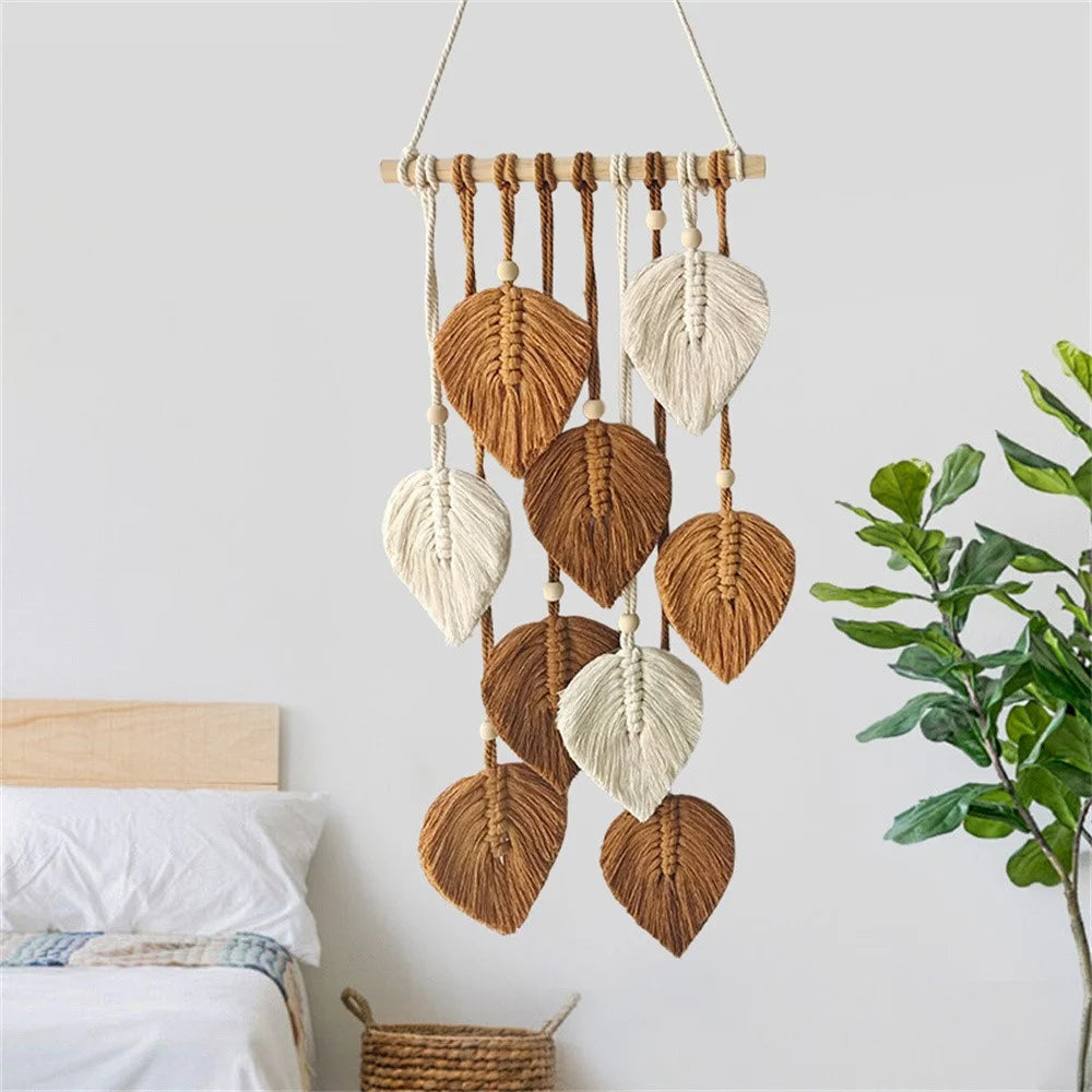 Macrame Leaf Wall Hanging Cotton Rope Tapestry Boho Decor for Bedroom Living Room - Brown - 1