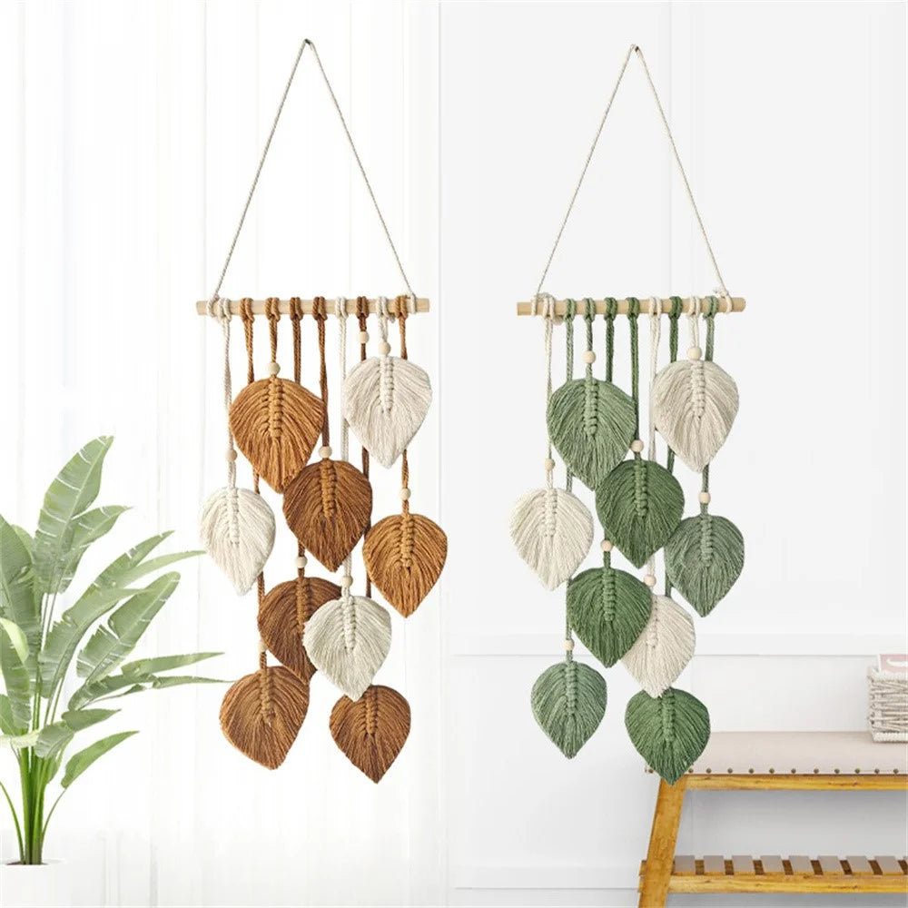 Macrame Leaf Wall Hanging Cotton Rope Tapestry Boho Decor for Bedroom Living Room - Brown - 4