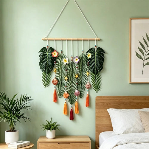 Tropical Leaf Wall Hanging Decor Artificial Monstera Palm Leaves with Shells Starfish Tassels for Bedroom Living Room - Green - 1