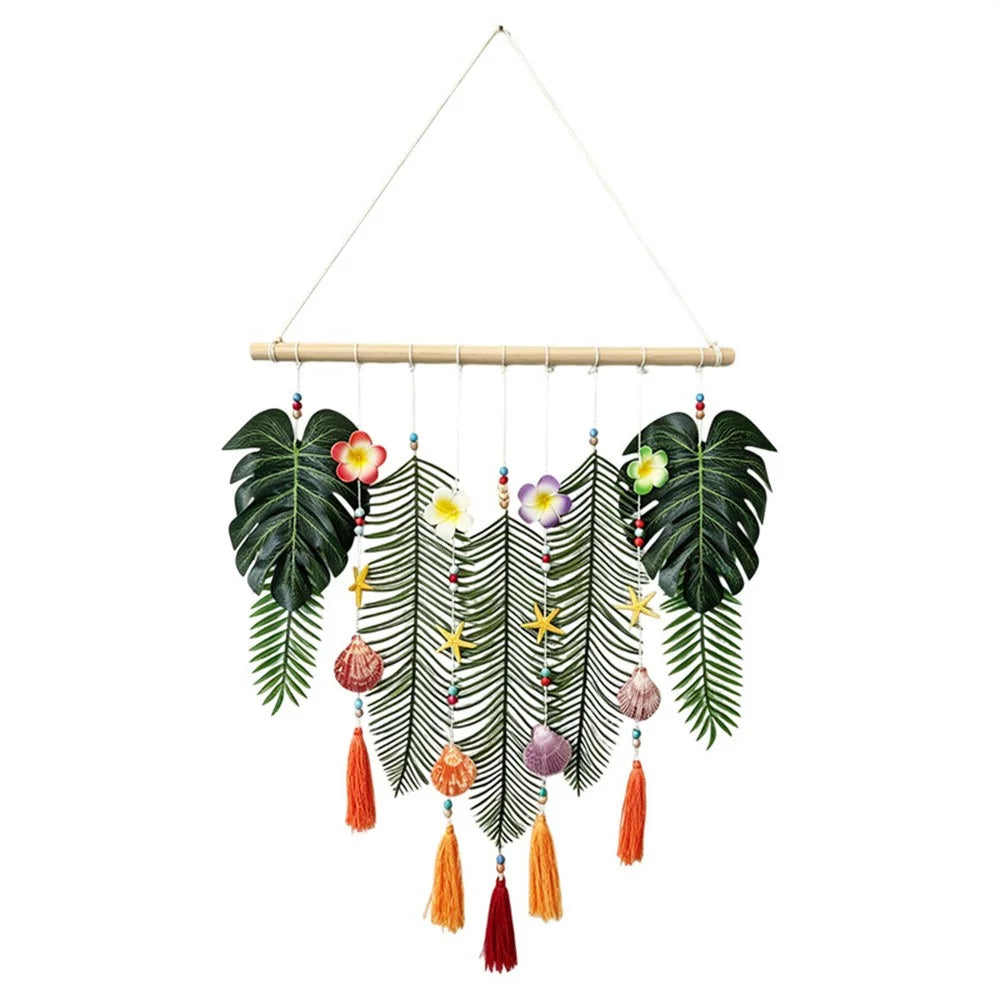 Tropical Leaf Wall Hanging Decor Artificial Monstera Palm Leaves with Shells Starfish Tassels for Bedroom Living Room - Green - 2