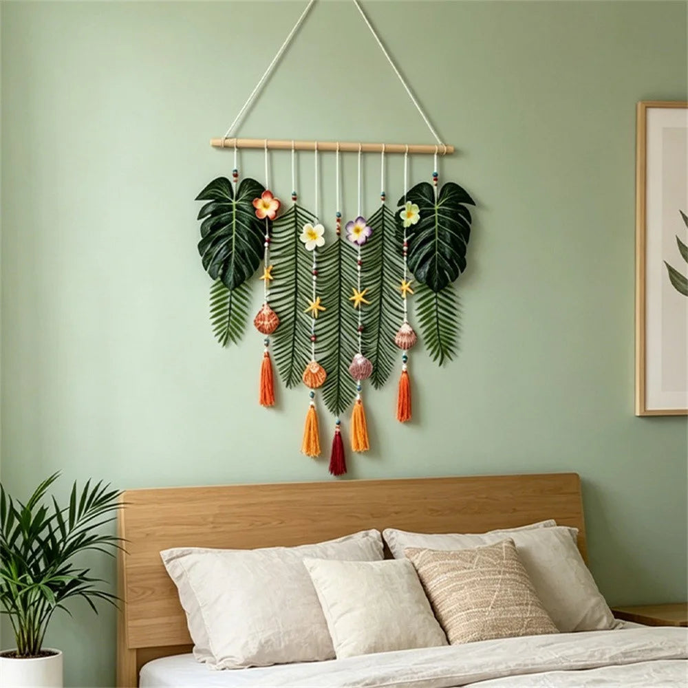 Tropical Leaf Wall Hanging Decor Artificial Monstera Palm Leaves with Shells Starfish Tassels for Bedroom Living Room - Green - 3