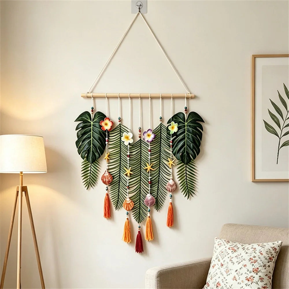 Tropical Leaf Wall Hanging Decor Artificial Monstera Palm Leaves with Shells Starfish Tassels for Bedroom Living Room - Green - 4