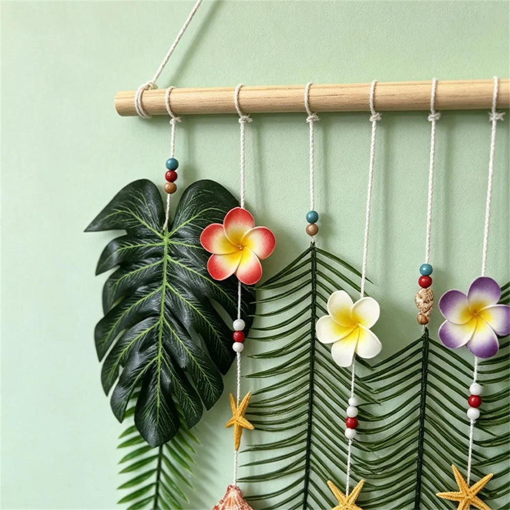 Tropical Leaf Wall Hanging Decor Artificial Monstera Palm Leaves with Shells Starfish Tassels for Bedroom Living Room - Green - 5