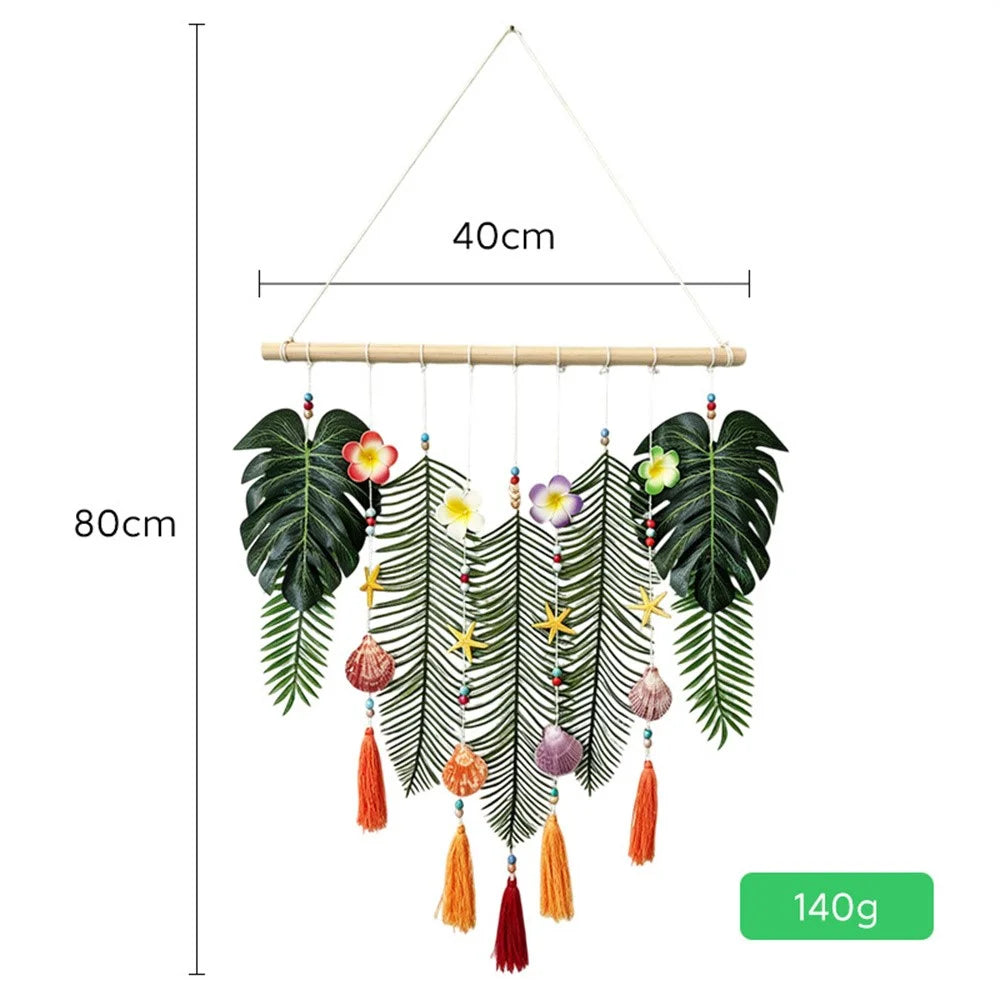 Tropical Leaf Wall Hanging Decor Artificial Monstera Palm Leaves with Shells Starfish Tassels for Bedroom Living Room - Green - 6