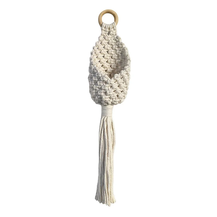 Handwoven Cotton Rope Water Drop Net Pouch with Wooden Ring Wall Hanging Tapestry for Home Decor - 1
