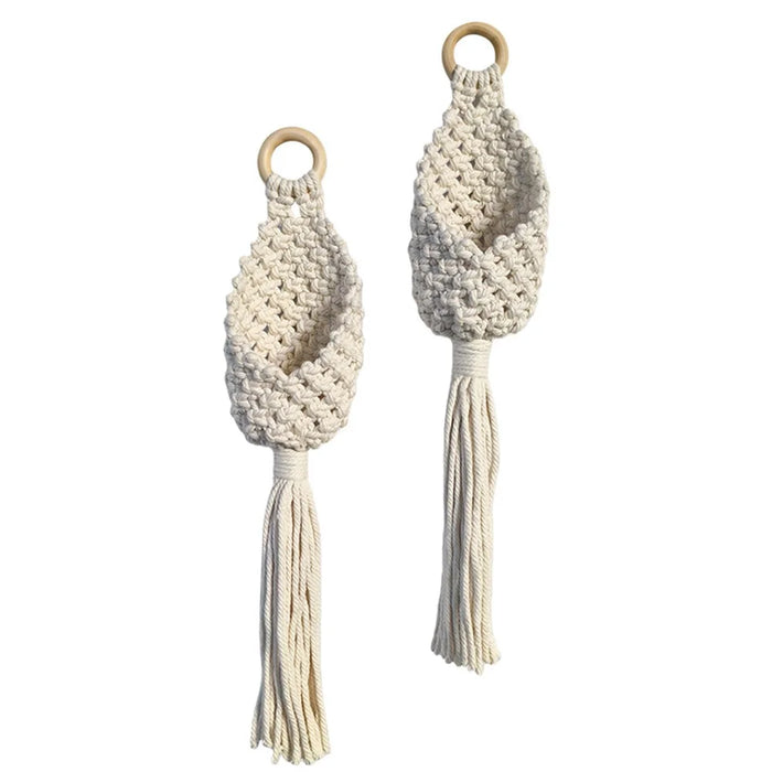 Handwoven Cotton Rope Water Drop Net Pouch with Wooden Ring Wall Hanging Tapestry for Home Decor - 2
