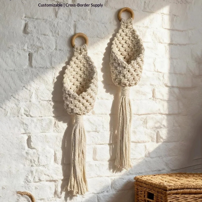 Handwoven Cotton Rope Water Drop Net Pouch with Wooden Ring Wall Hanging Tapestry for Home Decor - 3