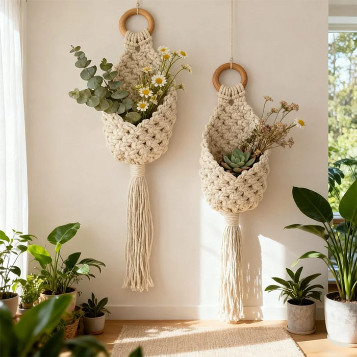 Handwoven Cotton Rope Water Drop Net Pouch with Wooden Ring Wall Hanging Tapestry for Home Decor - 4