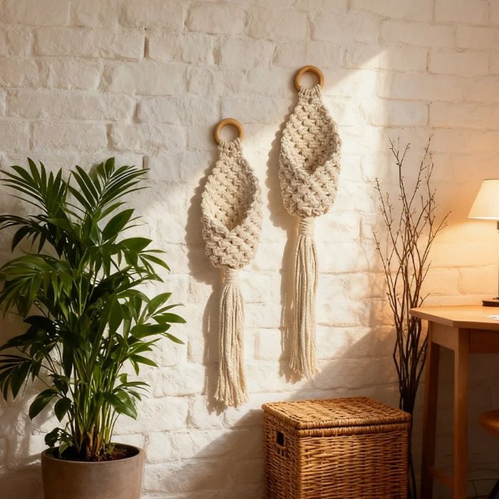 Handwoven Cotton Rope Water Drop Net Pouch with Wooden Ring Wall Hanging Tapestry for Home Decor - 5