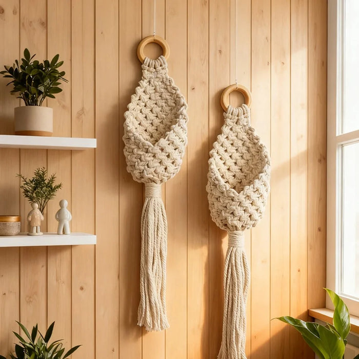Handwoven Cotton Rope Water Drop Net Pouch with Wooden Ring Wall Hanging Tapestry for Home Decor - 6