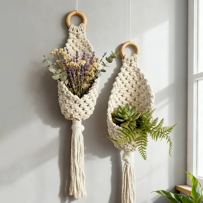 Handwoven Cotton Rope Water Drop Net Pouch with Wooden Ring Wall Hanging Tapestry for Home Decor - 7
