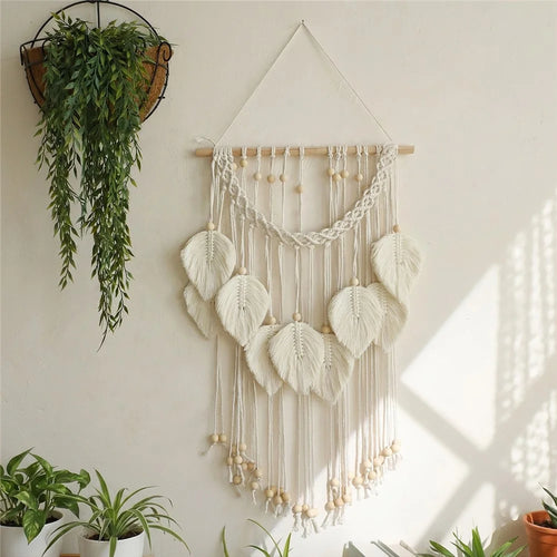 Wall Hanging Leaf Design Handwoven Cotton Rope Tapestry with Wood Beads Bohemian Home Decor - White - 1