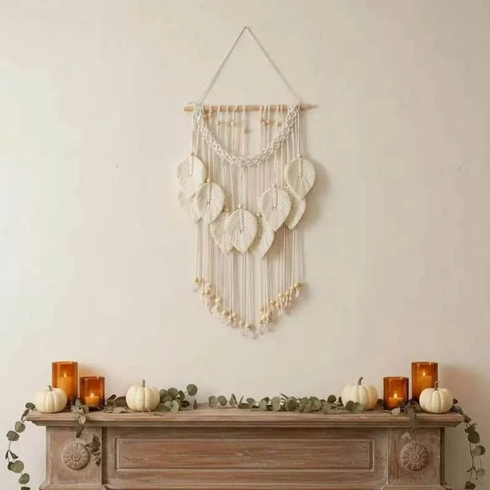 Wall Hanging Leaf Design Handwoven Cotton Rope Tapestry with Wood Beads Bohemian Home Decor - White - 2