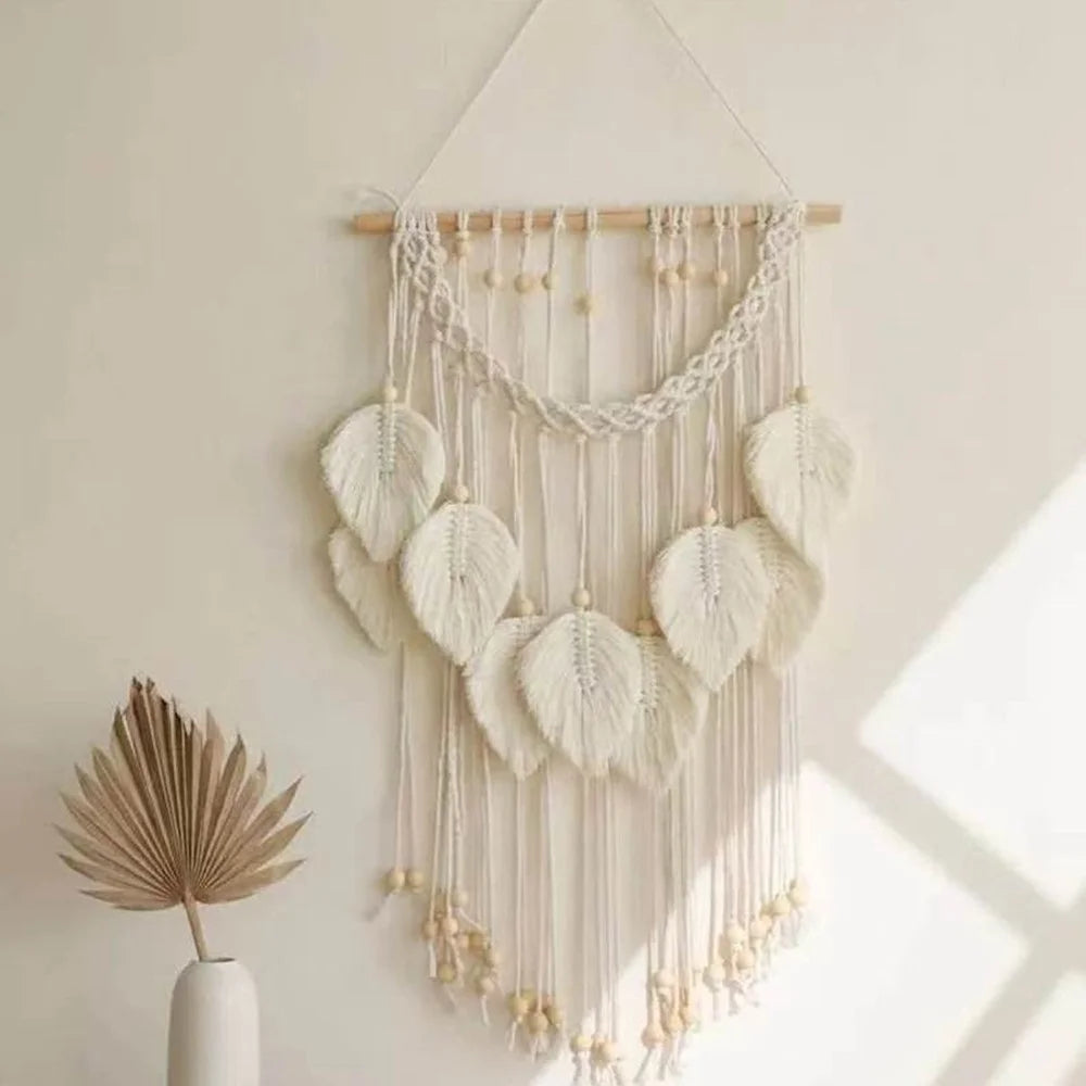 Wall Hanging Leaf Design Handwoven Cotton Rope Tapestry with Wood Beads Bohemian Home Decor - White - 3