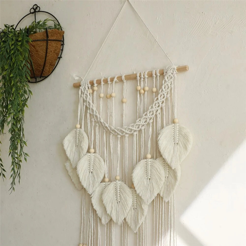 Wall Hanging Leaf Design Handwoven Cotton Rope Tapestry with Wood Beads Bohemian Home Decor - White - 4