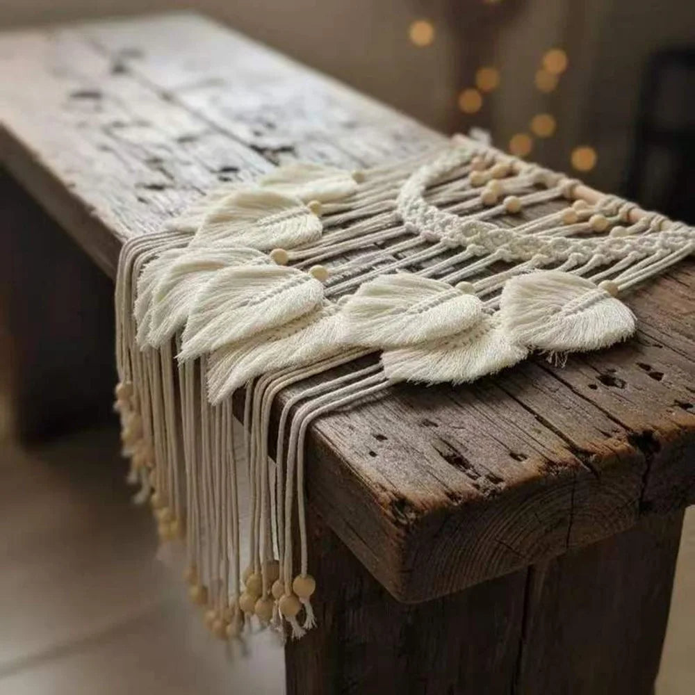 Wall Hanging Leaf Design Handwoven Cotton Rope Tapestry with Wood Beads Bohemian Home Decor - White - 5