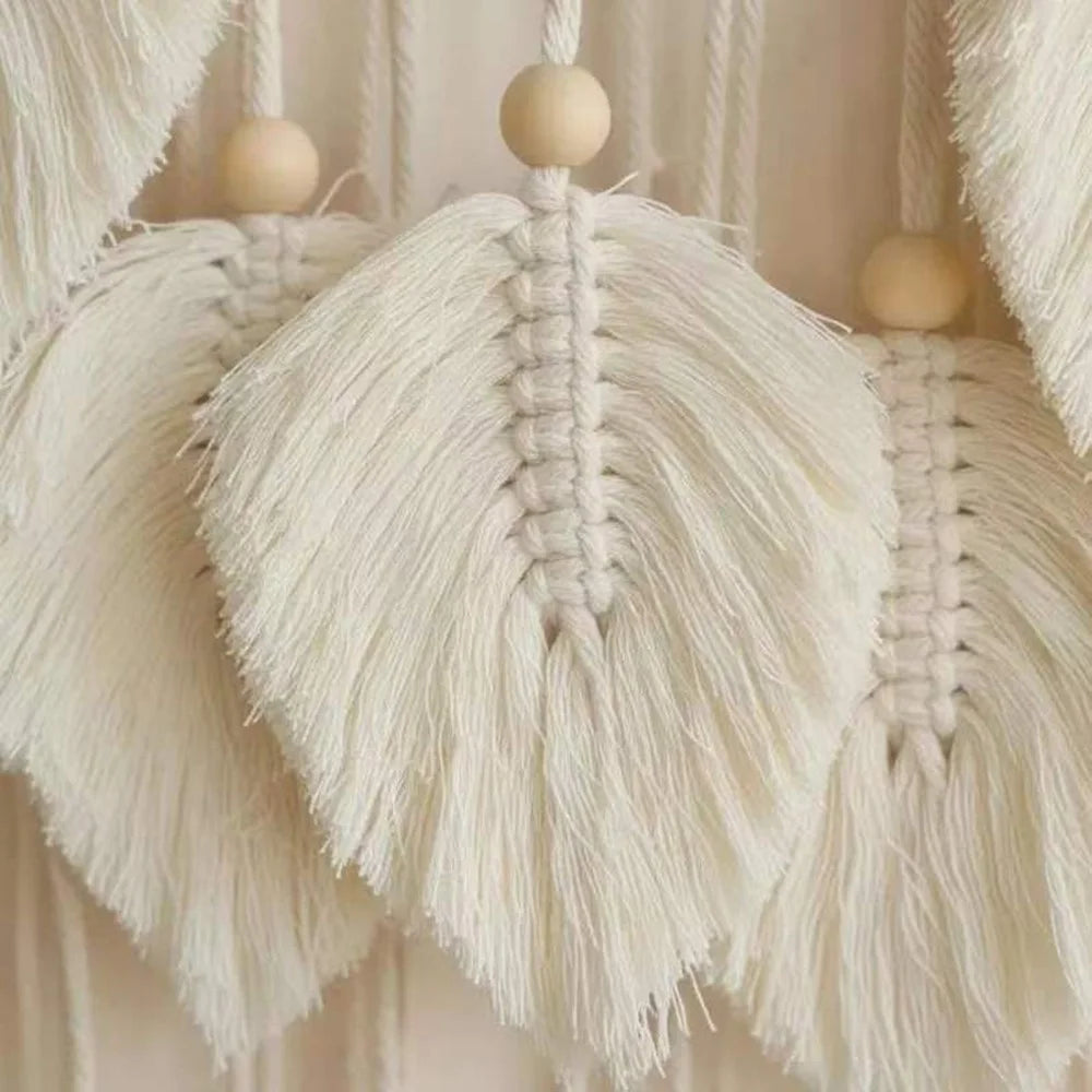 Wall Hanging Leaf Design Handwoven Cotton Rope Tapestry with Wood Beads Bohemian Home Decor - White - 6