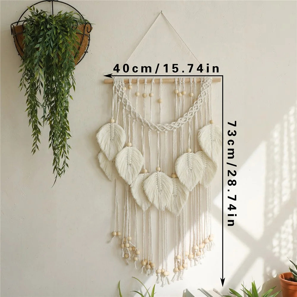 Wall Hanging Leaf Design Handwoven Cotton Rope Tapestry with Wood Beads Bohemian Home Decor - White - 7