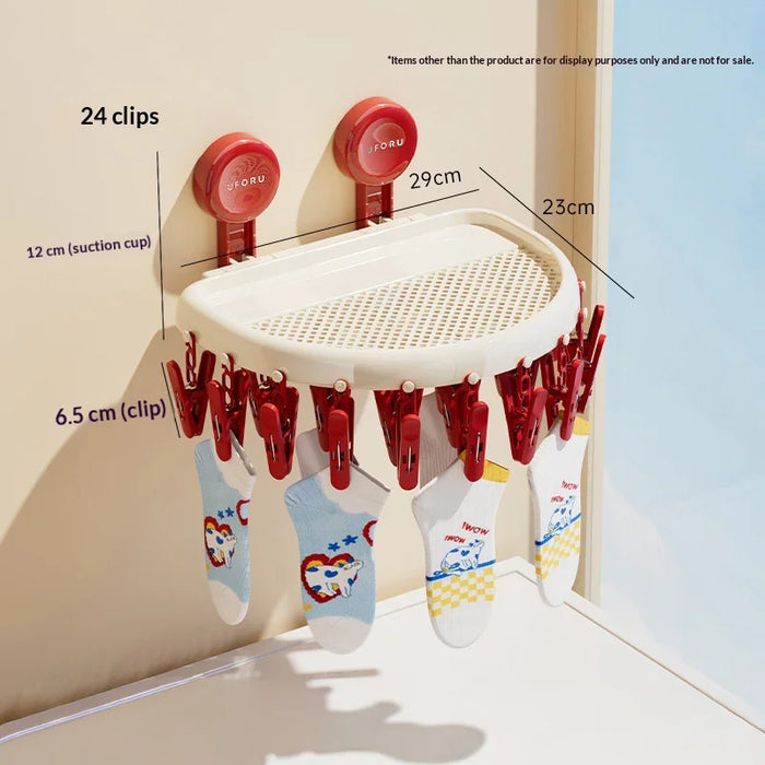 DD1511-1 24-Clip Sock Drying Rack Suction Cup Wall Mount Foldable Laundry Hanger - Cream White - 1