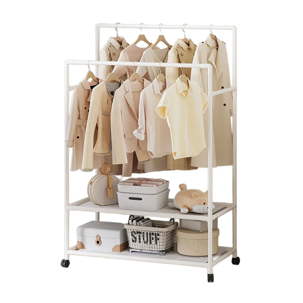 Double Rod Clothes Rack Detachable Floor Standing Hanger with Wheels and Shelf for Indoor Balcony - White - 1