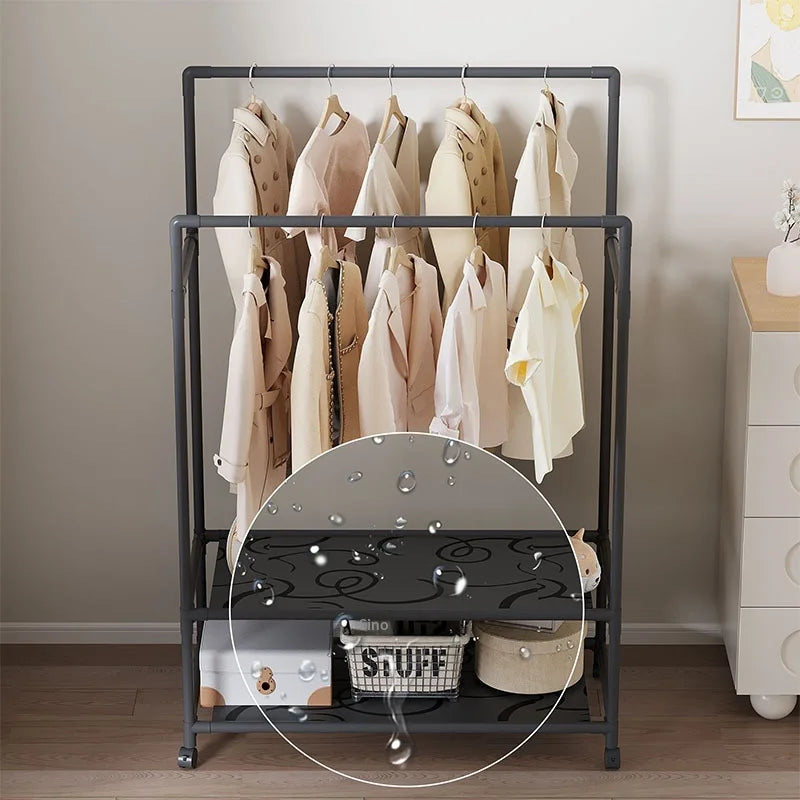Double Rod Clothes Rack Detachable Floor Standing Hanger with Wheels and Shelf for Indoor Balcony - White - 2