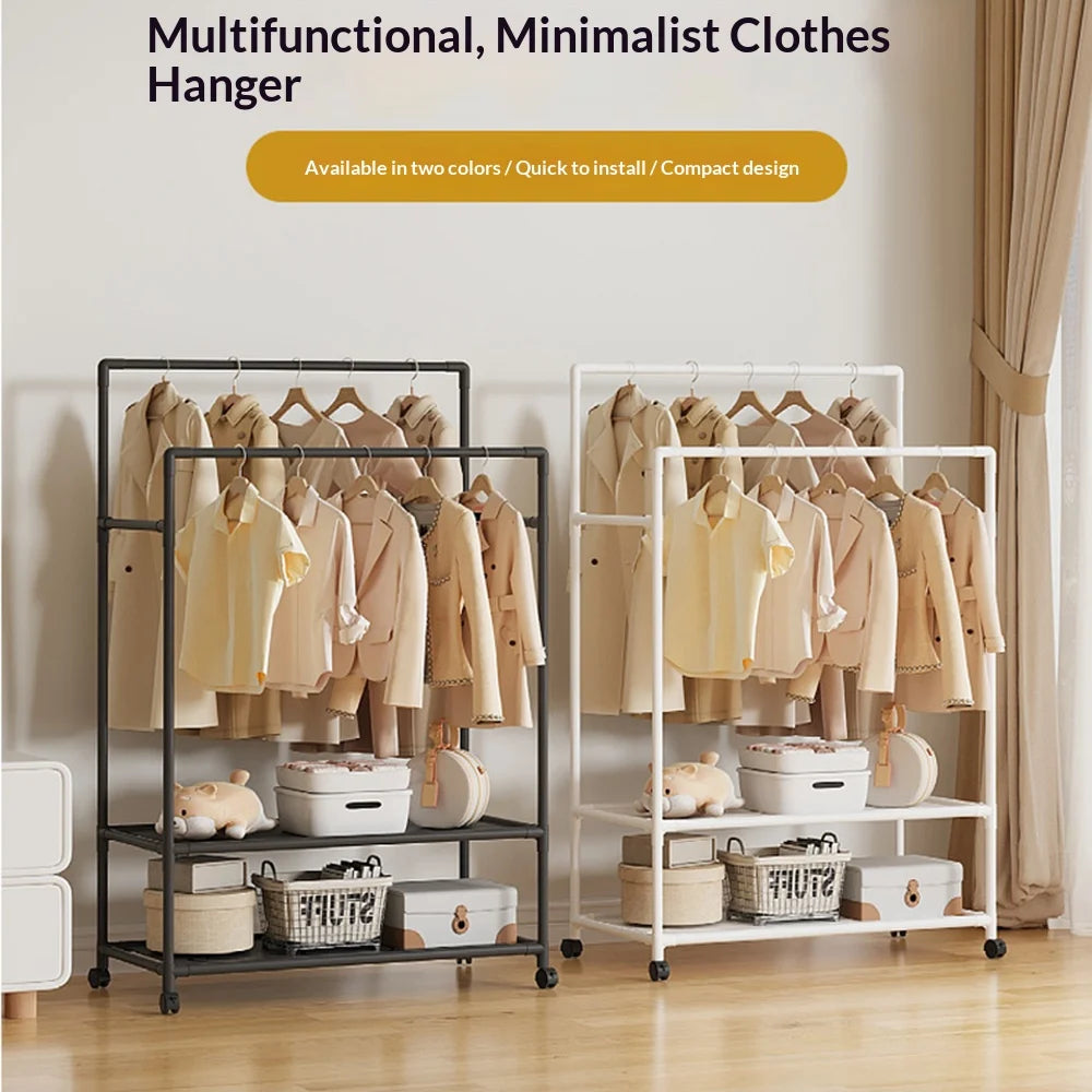 Double Rod Clothes Rack Detachable Floor Standing Hanger with Wheels and Shelf for Indoor Balcony - White - 3