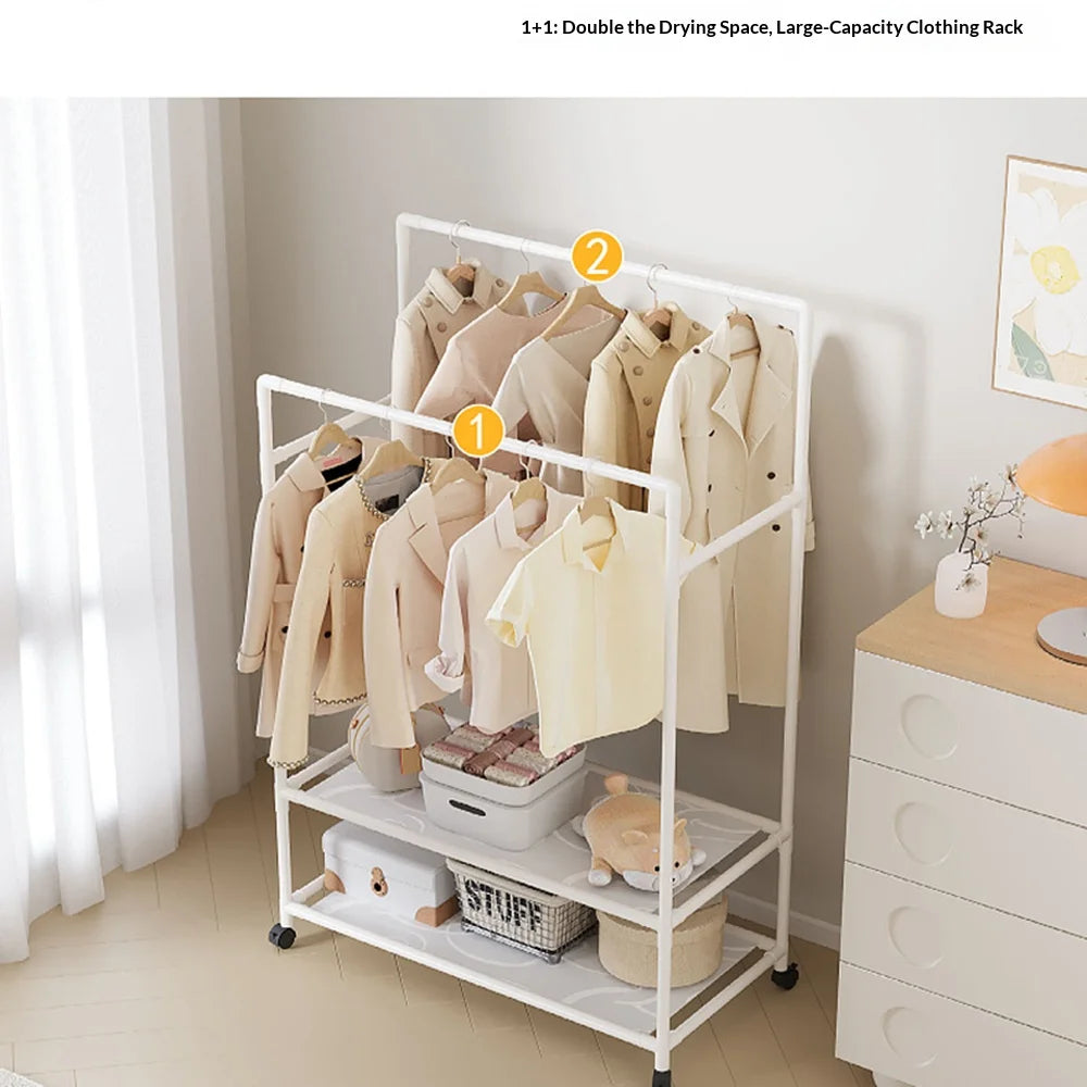 Double Rod Clothes Rack Detachable Floor Standing Hanger with Wheels and Shelf for Indoor Balcony - White - 4