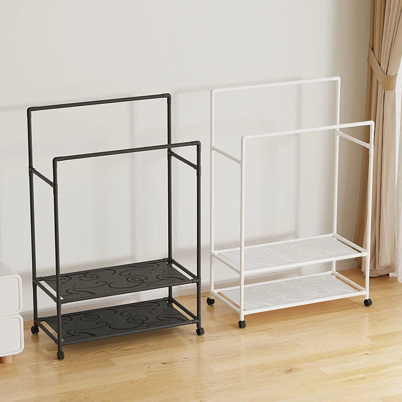 Double Rod Clothes Rack Detachable Floor Standing Hanger with Wheels and Shelf for Indoor Balcony - White - 5