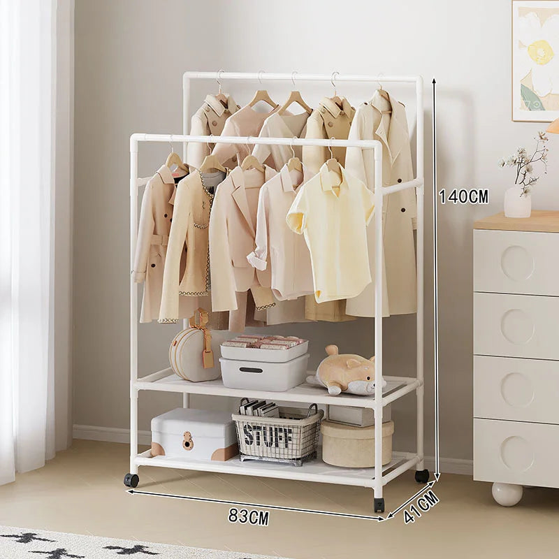 Double Rod Clothes Rack Detachable Floor Standing Hanger with Wheels and Shelf for Indoor Balcony - White - 6