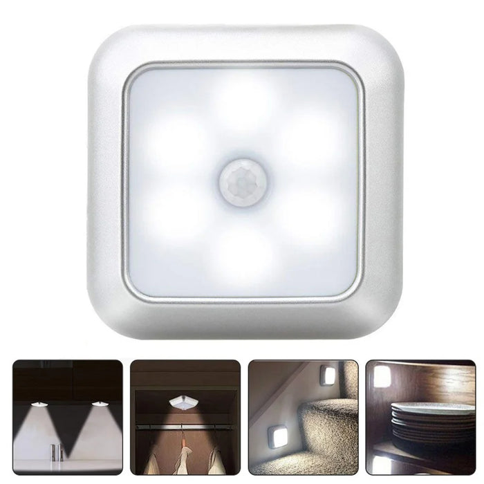 1Pc 1143 Square 6 LED Motion Sensor Night Light Battery Powered PIR Induction Under Cabinet Light Closet Lamp - Silver Shell/White Light - 1
