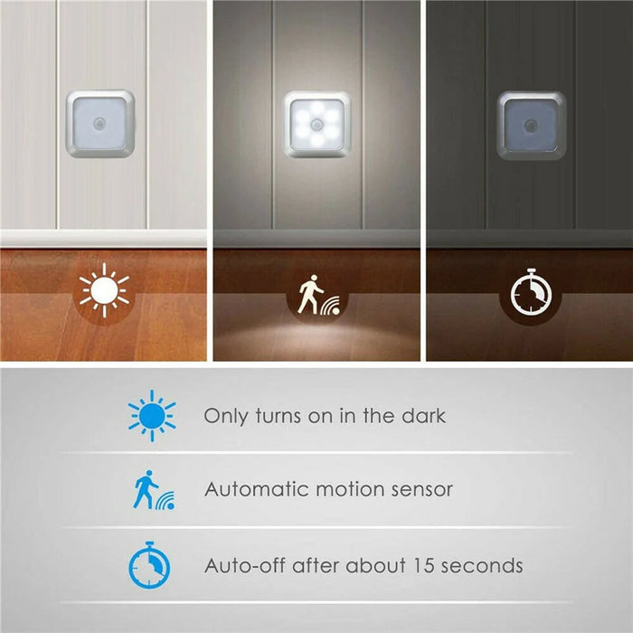 1Pc 1143 Square 6 LED Motion Sensor Night Light Battery Powered PIR Induction Under Cabinet Light Closet Lamp - Silver Shell/White Light - 2