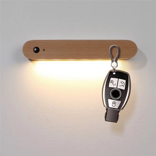 NO-HB012 Rechargeable Wooden Sensor Night Light LED Bedroom Wall Night Lamp Magnetic Key Holder Cabinet Door Hanging Lamp - 1